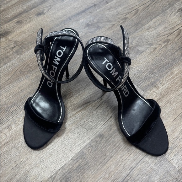 Tom Ford Black Leather Sandal Heels with Silver Accents Size 39.5 - Picture 1 of 3